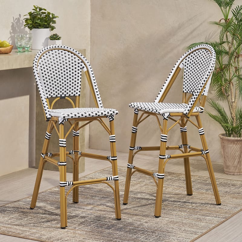 Kinner Outdoor French Barstools (Set of 2) by Christopher Knight Home - Black + White + Bamboo Print Finish