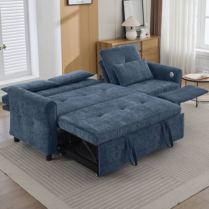 82" 2-in-1 Blue Chenille Sofa with Pull-out Bed, Recliner, and USB Ports