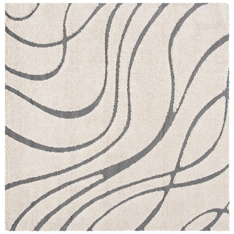 SAFAVIEH Florida Shag Sigtraud Abstract Waves 1.2-inch Thick Rug - 6'7" Square - Cream/Grey - Square