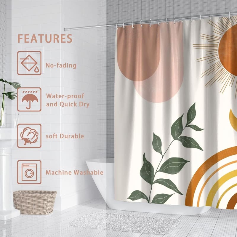 Mid Century Abstract Boho Orange Aesthetic Shower Curtain Set Nature