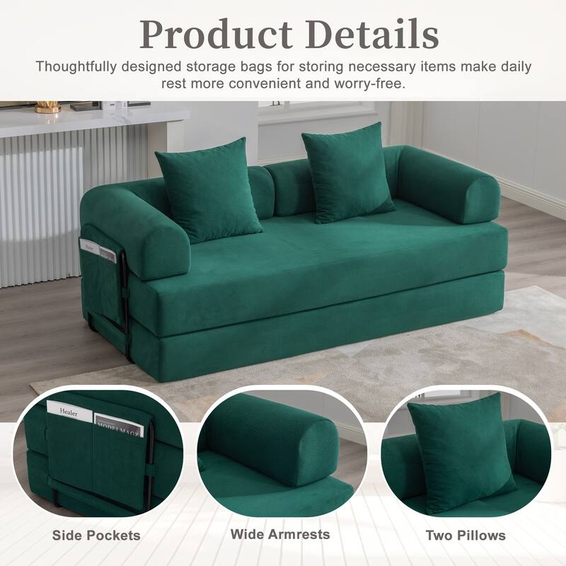 Foldable Modular Couch Sleeper Loveseat Sofa Bed with Storage Side Pocket, Detachable Metal Frame and Corduroy Fabric Cover
