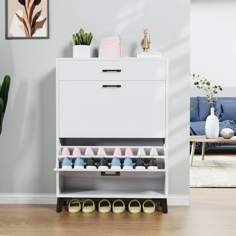 Free-Standing Shoe Organizer Cabinet with 2 Flip-Top Drawers and Metal Legs, Ample Storage for Hallway, Entryway and Porch