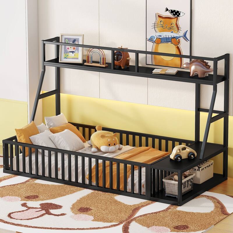Kids Metal Floor Bed with Safety Fence, Full Size Montessori Bed with Storage and Desk, Play Space for Children - Black Twin - Twin