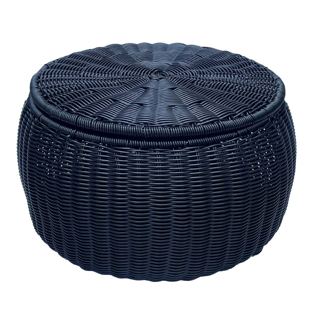 Outdoor /Indoor Black Pouf Wicker Footstool Ottomans Storage Seat With Lid