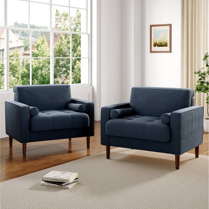 2 Set Modern Wide Armchair Corduroy Accent Chairs - Navy Blue
