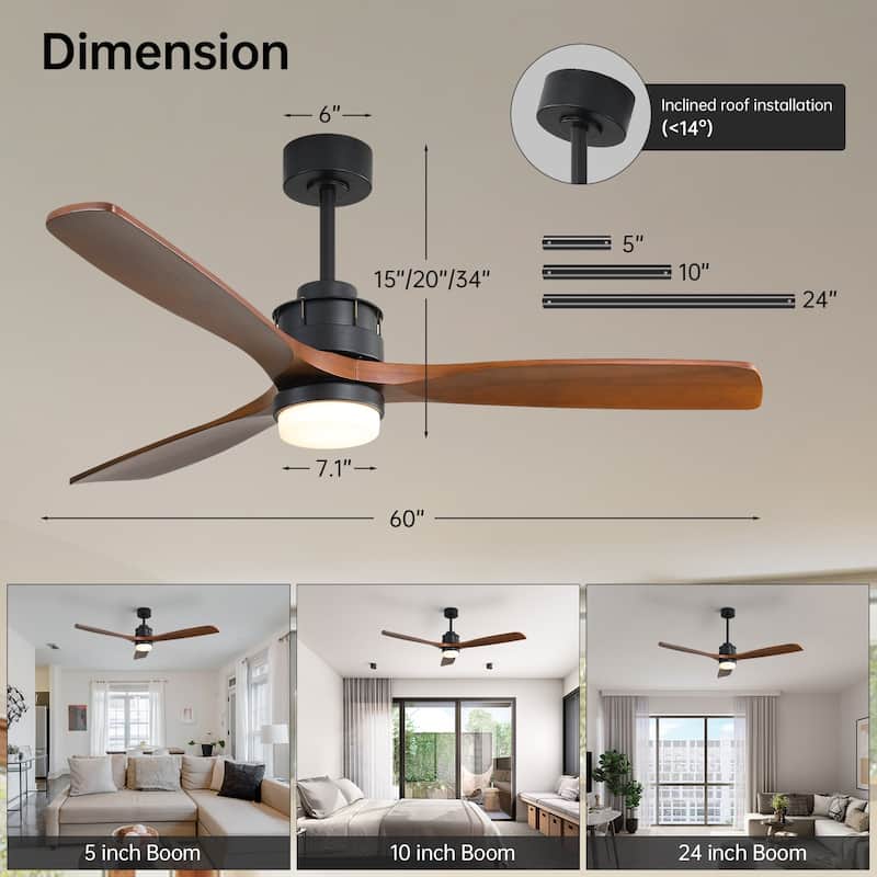 Sofucor 60Inch Ceiling Fan Solid Wood Blades with Light Remote Control,Indoor/Outdoor with Reversible DC Motor for Bedroom Patio