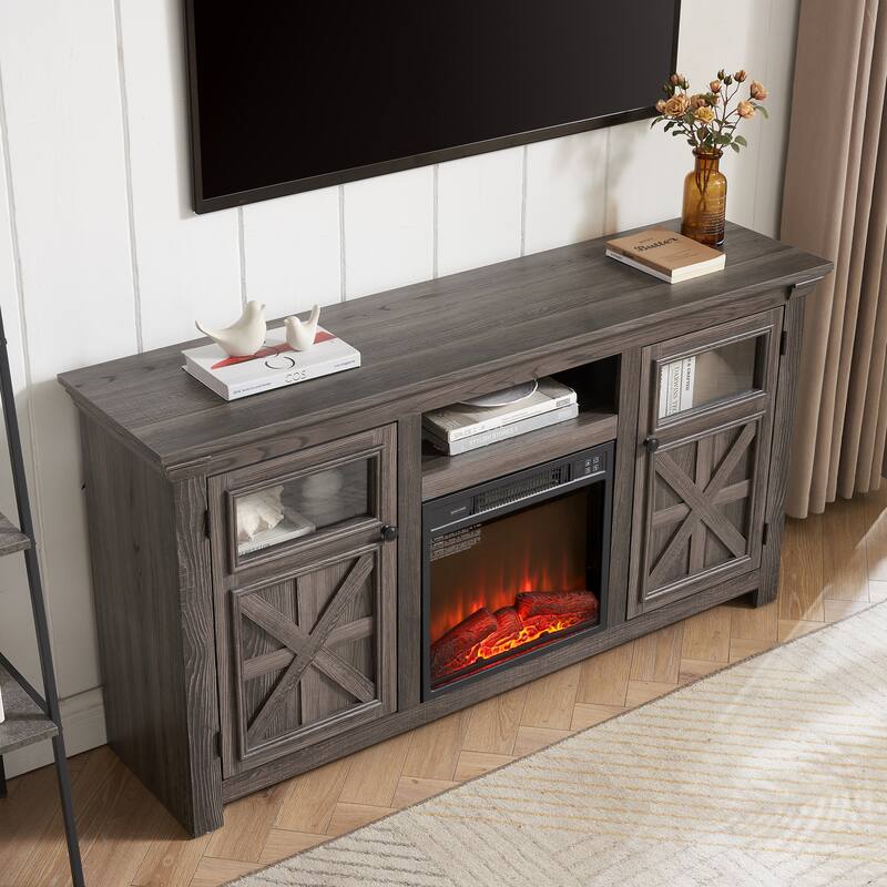 Farmhouse TV Stand, Media Stand With Fireplace Insert, Barn Design, and Adjustable Shelves, for Living Rooms and Bedrooms, Grey