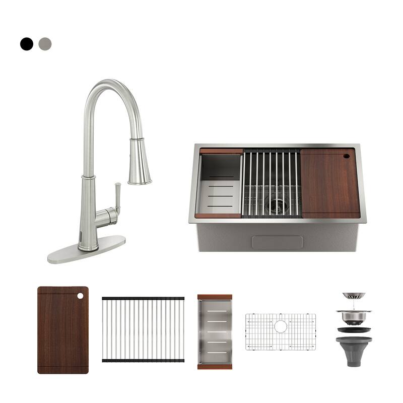 Stainless Steel Sink 32 in. Single Bowl Undermount Workstation Kitchen Sink with Faucet and Accessories - Silver
