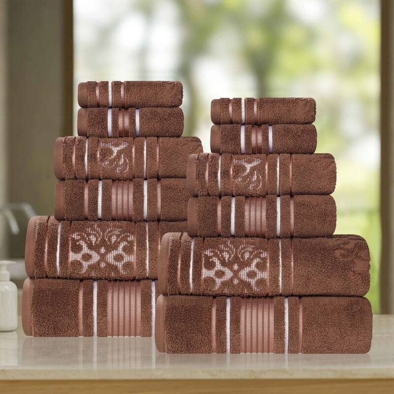 Superior Sadie Zero Twist Cotton Solid and Floral 12 Piece Towel Set - Chocolate
