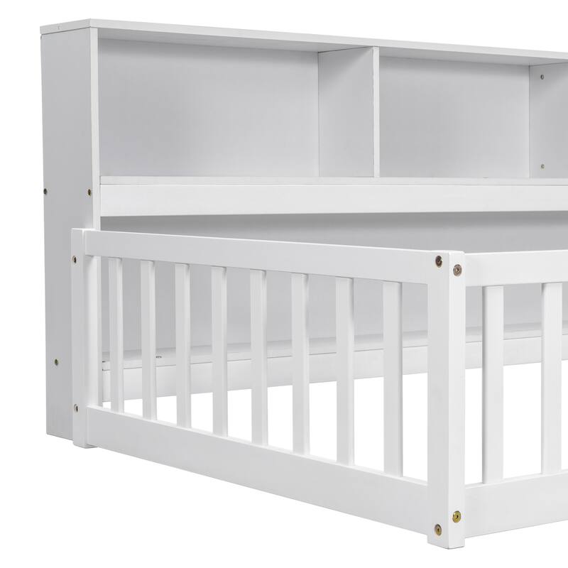 Floor Bed with Side Bookcase, Shelves, Guardrails