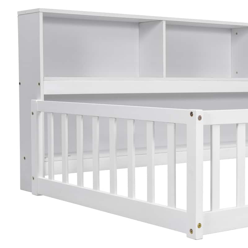 Twin Floor Bed with Bedside Bookcase,Shelves,Guardrails