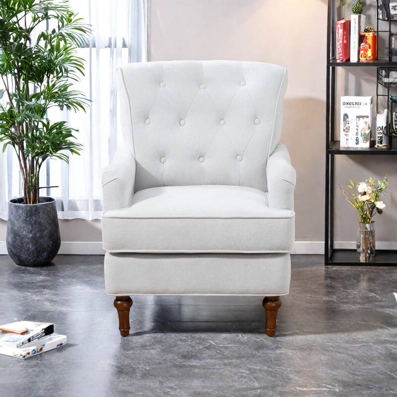 Chenille Fabric Accent Chair with Retro Wooden Legs, High-Density Foam and Spring Cushion, and 300 lbs Weight Capacity - Oatmeal