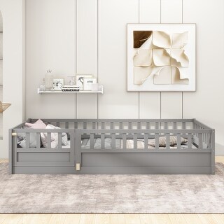 Grey Twin Size Pine Wood Floor Bed with Full-Length Guardrail and Door