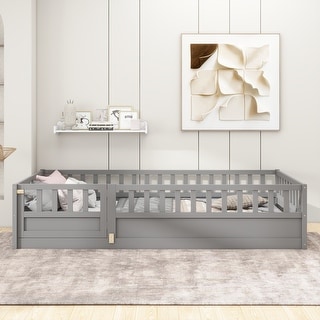 Grey Twin Size Pine Wood Floor Bed with Full-length Guardrail and Door for Kids, Adults