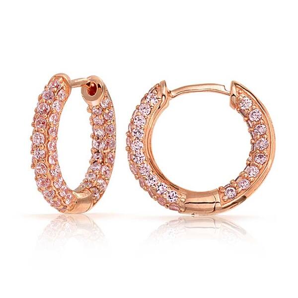 Pave Pink Cz Inside Out Small Huggie Hoop Earrings Cubic Zirconia Rose Gold Plated Br