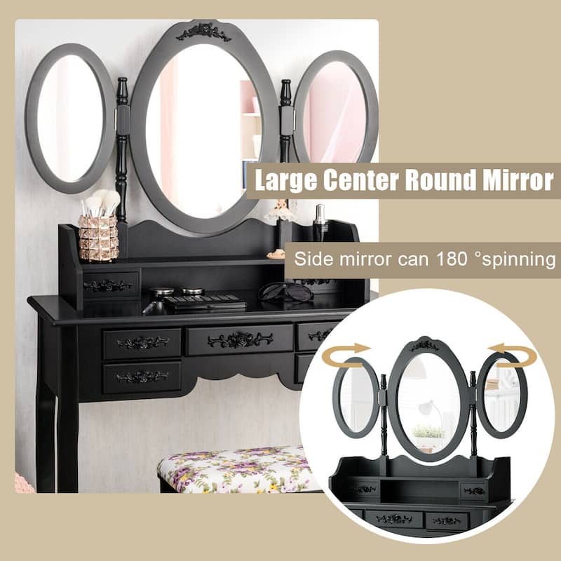 Gymax Vanity Makeup Set W/7 Drawer Tri-Folding Mirror Dressing Table &
