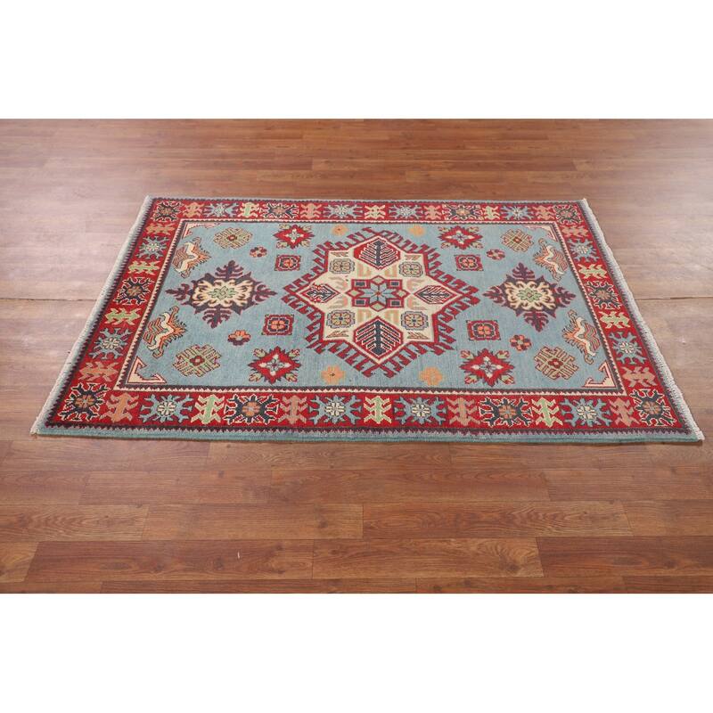 Geometric Blue Kazak Oriental Accent Rug Handmade Wool Carpet - 3'6" x 5'0"