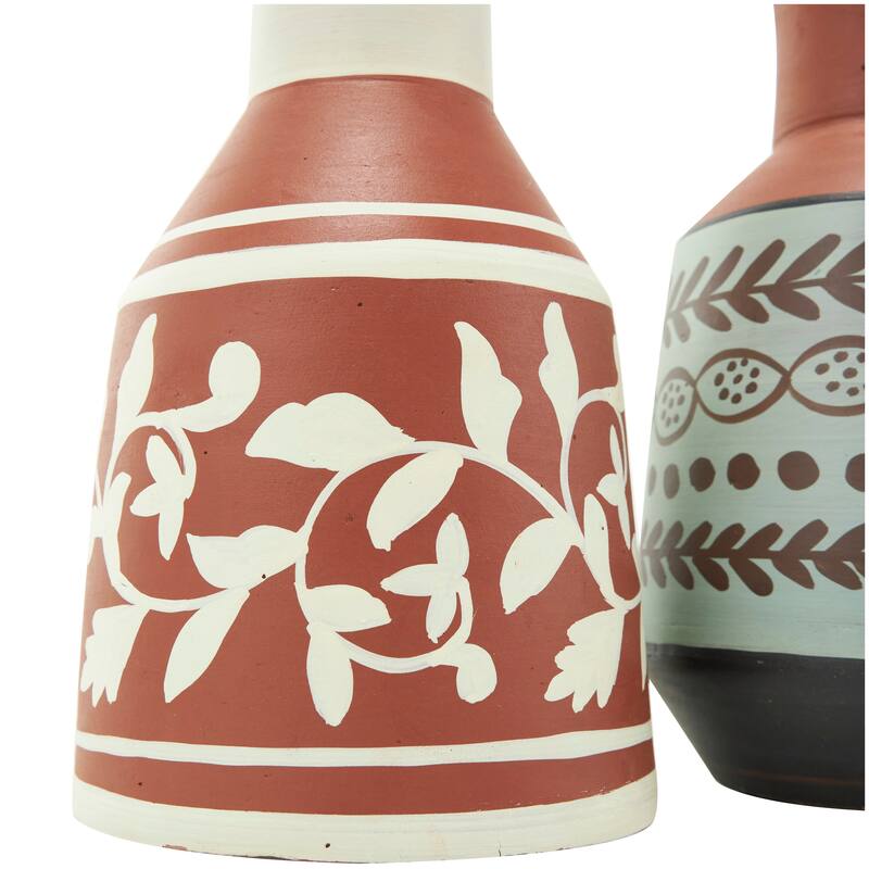 Orange Ceramic Floral Decorative Vase with 3 Different Patterns and Shapes (Set of 3)