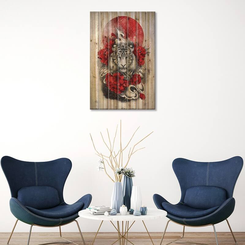 White Tiger Print On Wood by Marine Loup - Multi-Color