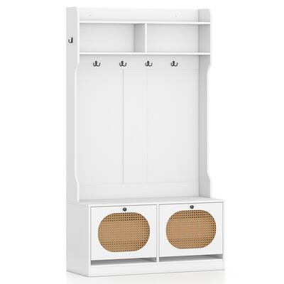 White Engineered Wood Hall Tree with PE Rattan Bench and Storage Drawers - 40" x 16" x 71"