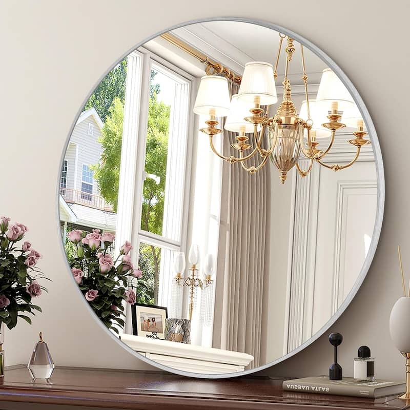 Modern Bathroom Wall Mounted Round Vanity Mirror - 24x24 - Silver