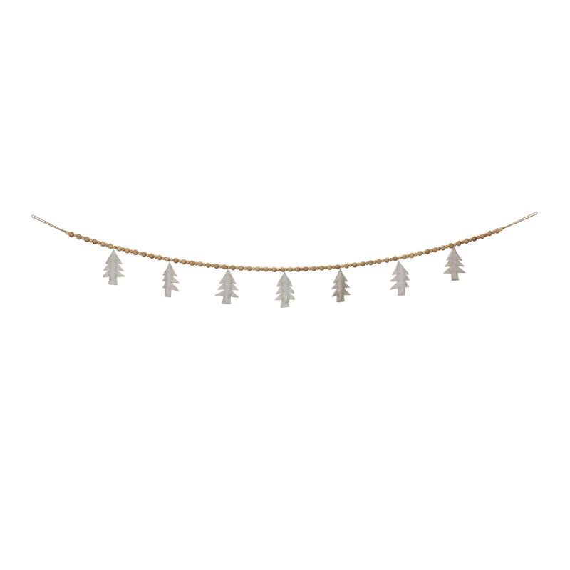 Wood Beaded Wool Tree Garland (Set of 2) - White, Brown - 72 x 5.5 x 1