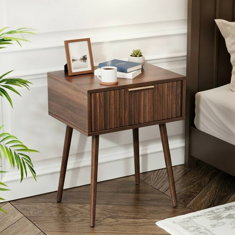 18.9"W Nightstand, Particleboard & MDF, Melamine & Vacuum Forming, 1 Drawer, High Leg - Walnut-1