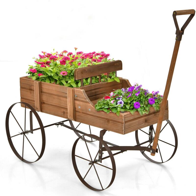 Gymax Garden Plant Planter Wooden Wagon Planter W/ Wheel Garden Yard - 24.5'' x 13.5'' x 24'' - Brown