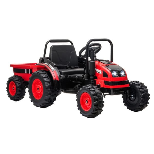 slide 2 of 19, 12V Electric Ride-On Tractor for Kids with Trailer, Remote Control, Music, LED Lights, Battery Powered Toy Vehicle Red