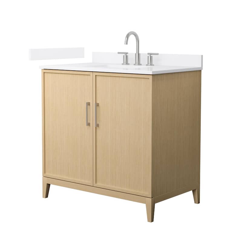 Wyndham Collection WCH717136S-QTZ-US3MXX Elan 36" Free Standing Single - White Oak / White Quartz Top / Brushed Nickel