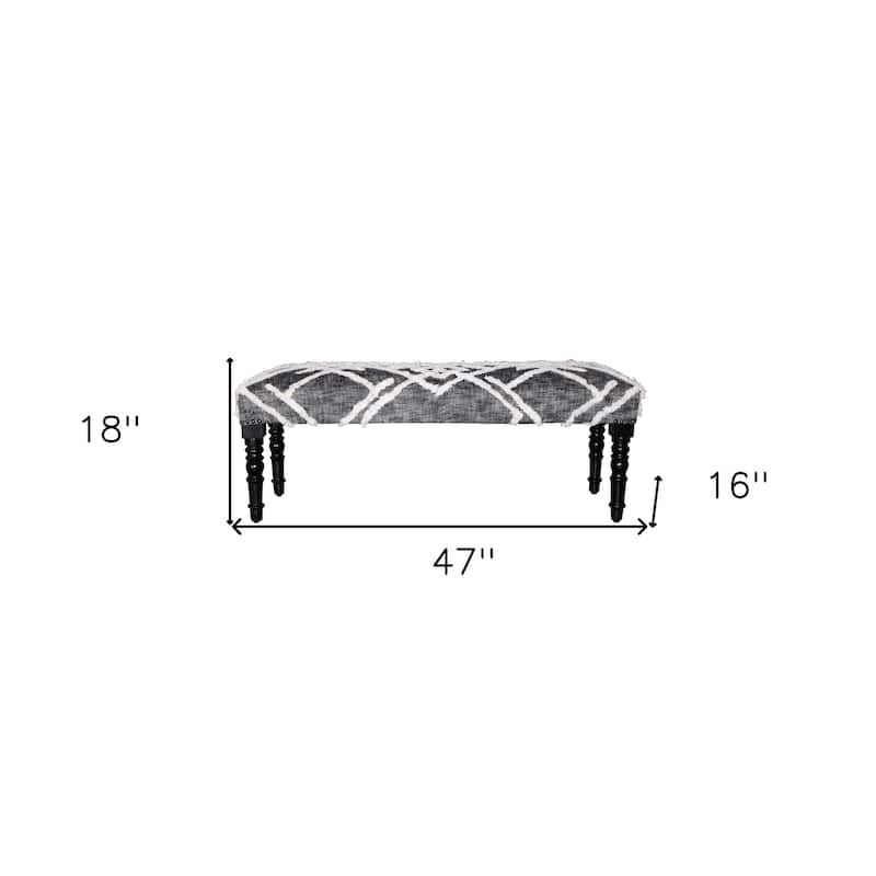 HomeRoots 47" Gray And White Cotton Upholstered Distressed Bench - 47 x 18 x 16