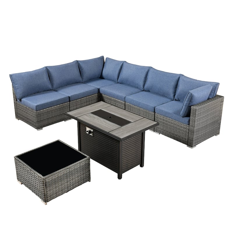 HOOOWOOO 8-piece Grey Wicker Patio Furniture Set Sectional Sofa with Fire Pit Table
