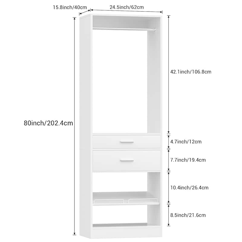 25'' W Closet System Organizer with Hanging Rod and 2 Wooden Drawers and Adjustable Shoes Rack