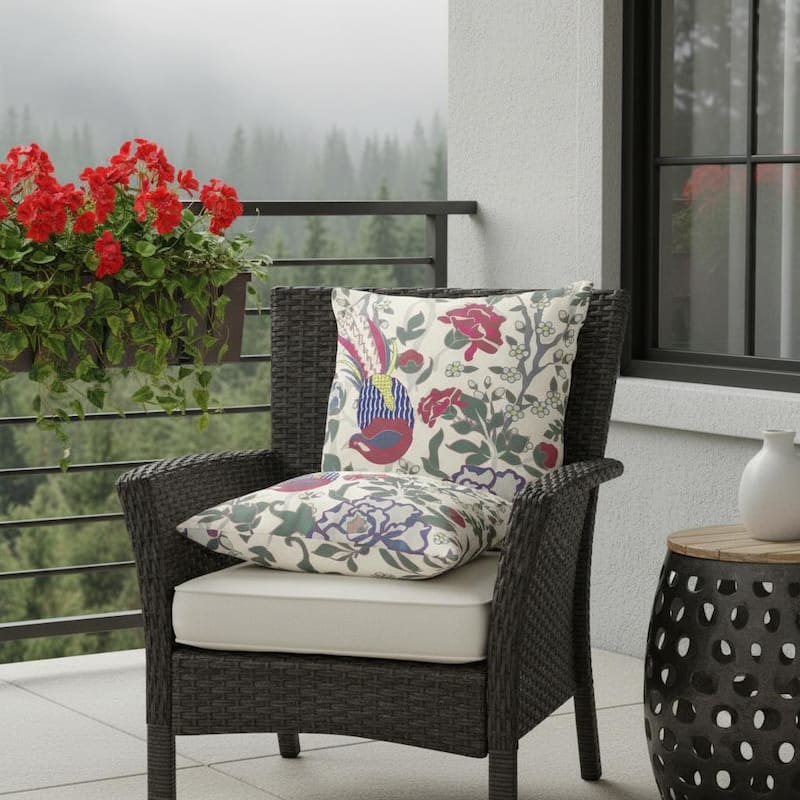 HomeRoots Set of Two 16" X 16" Red and White Peacock Blown Seam Floral Indoor Outdoor Throw Pillow - 16.00' X '16.00' X '5.00