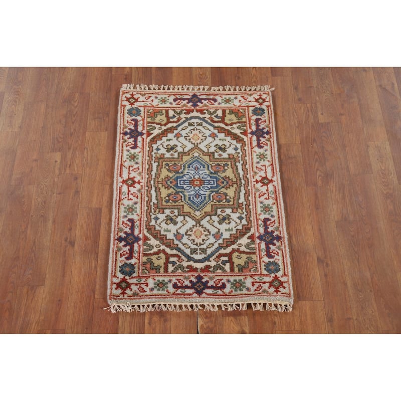 Geometric Blue Heriz Serapi Indian Accent Rug Hand-Knotted Wool Carpet - 2'0" x 3'0"