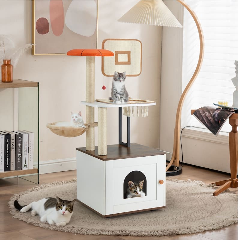 EROMMY Cat Tree & Litter Box Enclosure - 2-in-1 Cat Tower with Scratching Posts, Cat House for Indoor Cats, Multi-Level - White