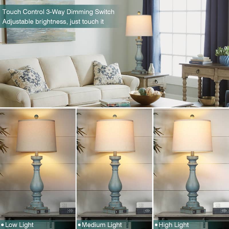 Set of 2 Blue Resin Drop-Style Table Lamps with 3-Way Touch Dimming and Charging Ports