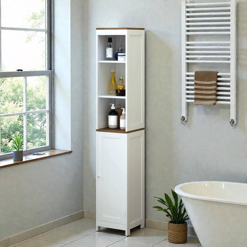 Tall Bathroom Storage Cabinet with Reversible Door, Freestanding Narrow Linen Tower with Open Shelves and Enclosed Cabinet