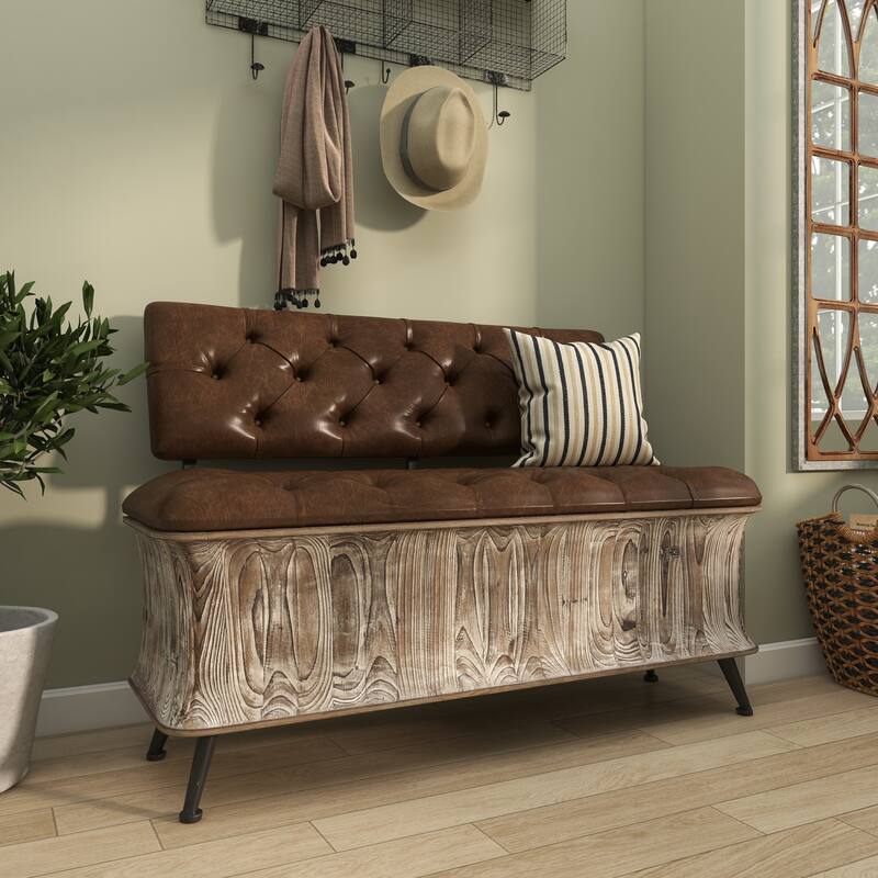 Brown Wood Storage Bench with Tufted Faux Leather Seat and Back