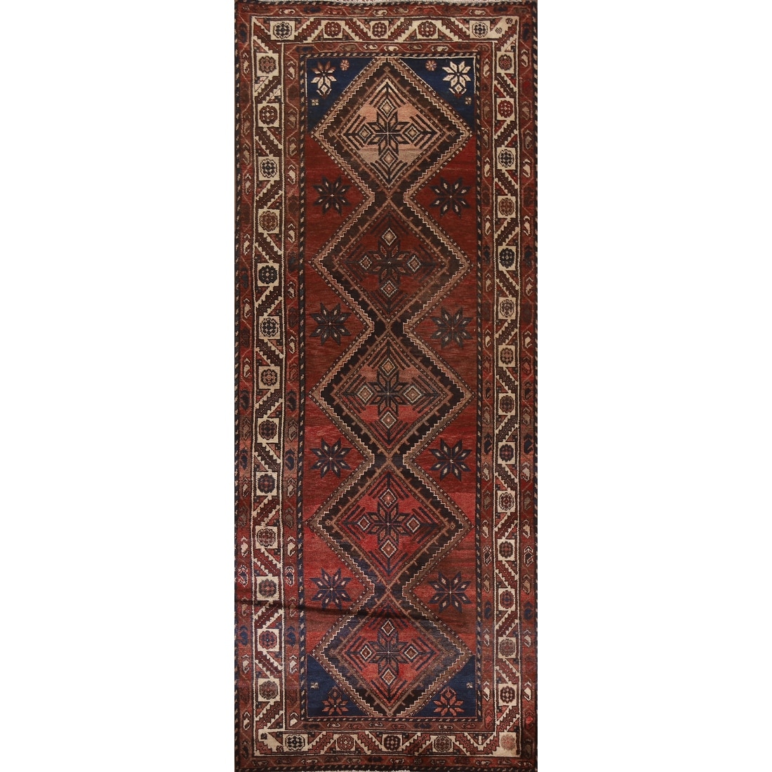 Hand Knotted Oriental 100% Wool Carpet Traditional Geometric Red Hamedan Runner Rug - 9' 10'' X 3' 8''