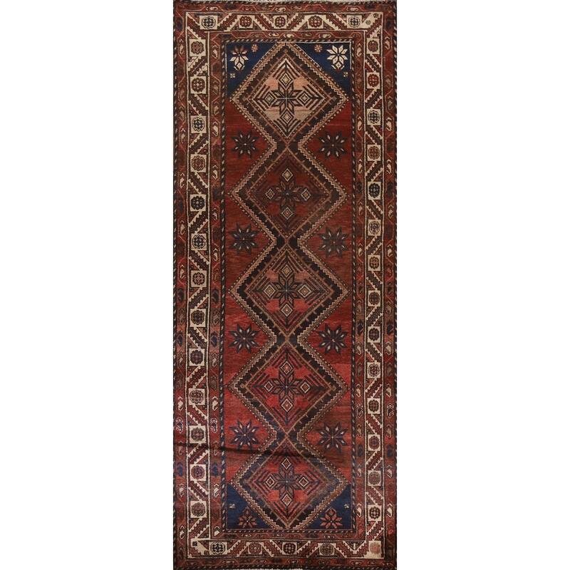 Hand Knotted Oriental 100% Wool Carpet Traditional Geometric Red Hamedan Runner Rug - 9' 10'' X 3' 8''