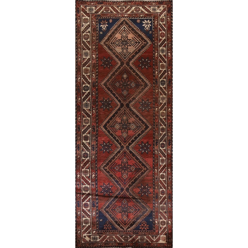 Hand Knotted Oriental 100% Wool Carpet Traditional Geometric Red Hamedan Runner Rug - 9' 10'' X 3' 8''