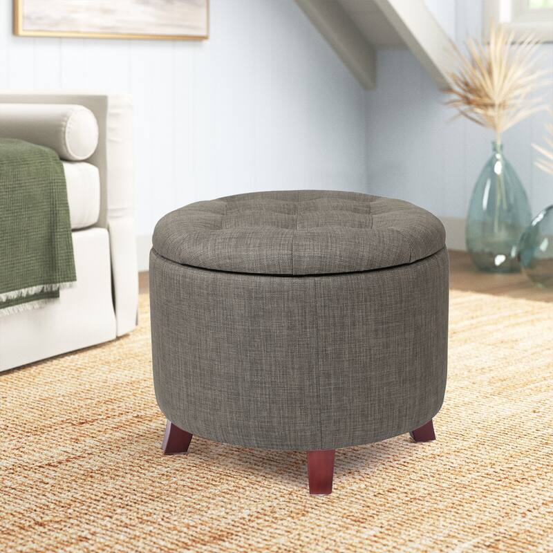 Adeco Round Linen Storage Ottoman Tufted Fabric Footstool with Lid