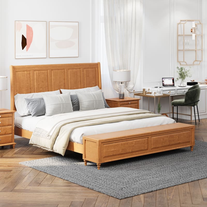 GDFStudio - Traditional Solid Wood Sleigh Bed Frame with High Paneled Headboard & Storage Chest Bench, No Box Spring Needed