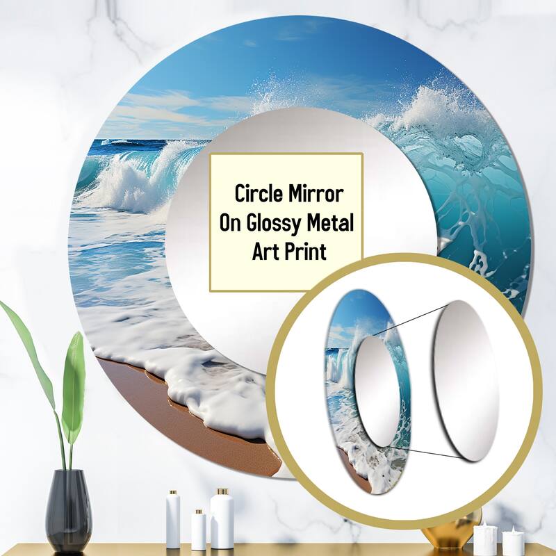 Designart "Turquoise Power Of Ocean Wave I" coastal Living Room Mirror - Blue Nautical & Coastal Round Mirror