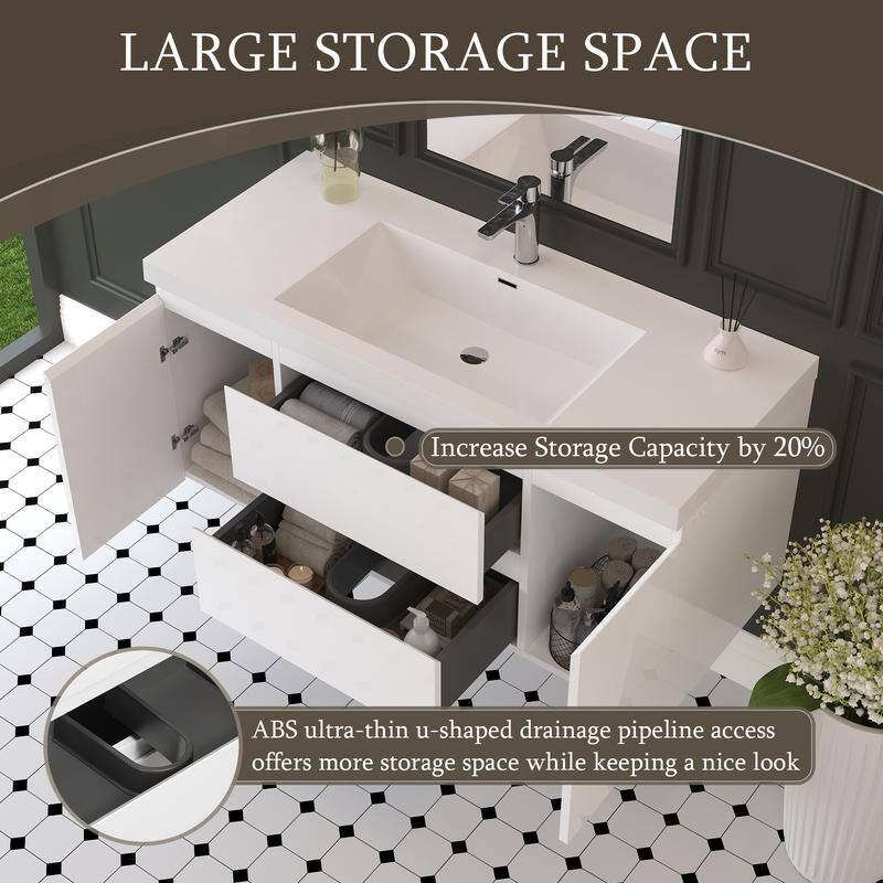ABRUZZO 48" Floating Bathroom Vanity with Integrated Resin Top Basin 2 Cabinets 2 Soft Close Drawers Full Assembly