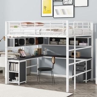 Full Size Loft Bed with Built-in L-Shaped Desk and Bookcase, Sturdy Metal Bedframe w/ 2 Storage Cabinet, Maximum Space Design