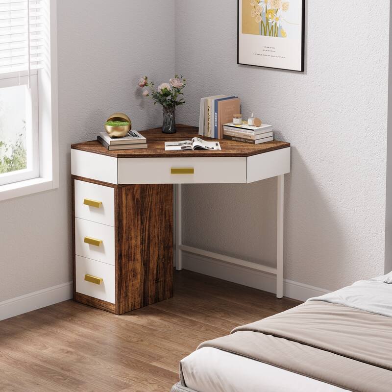 Corner Computer Desk with Drawers, Writing PC Makeup Vanity Storage Desk, Home Office Living Room Bedroom Accent Desk