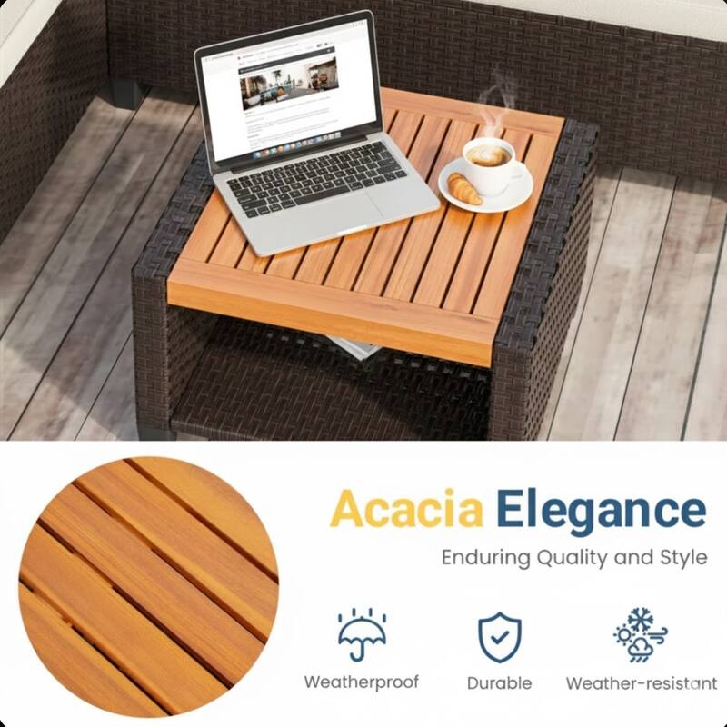 3-Piece L-Shaped Wicker Set with Beige Cushions and Acacia Wood Storage Table