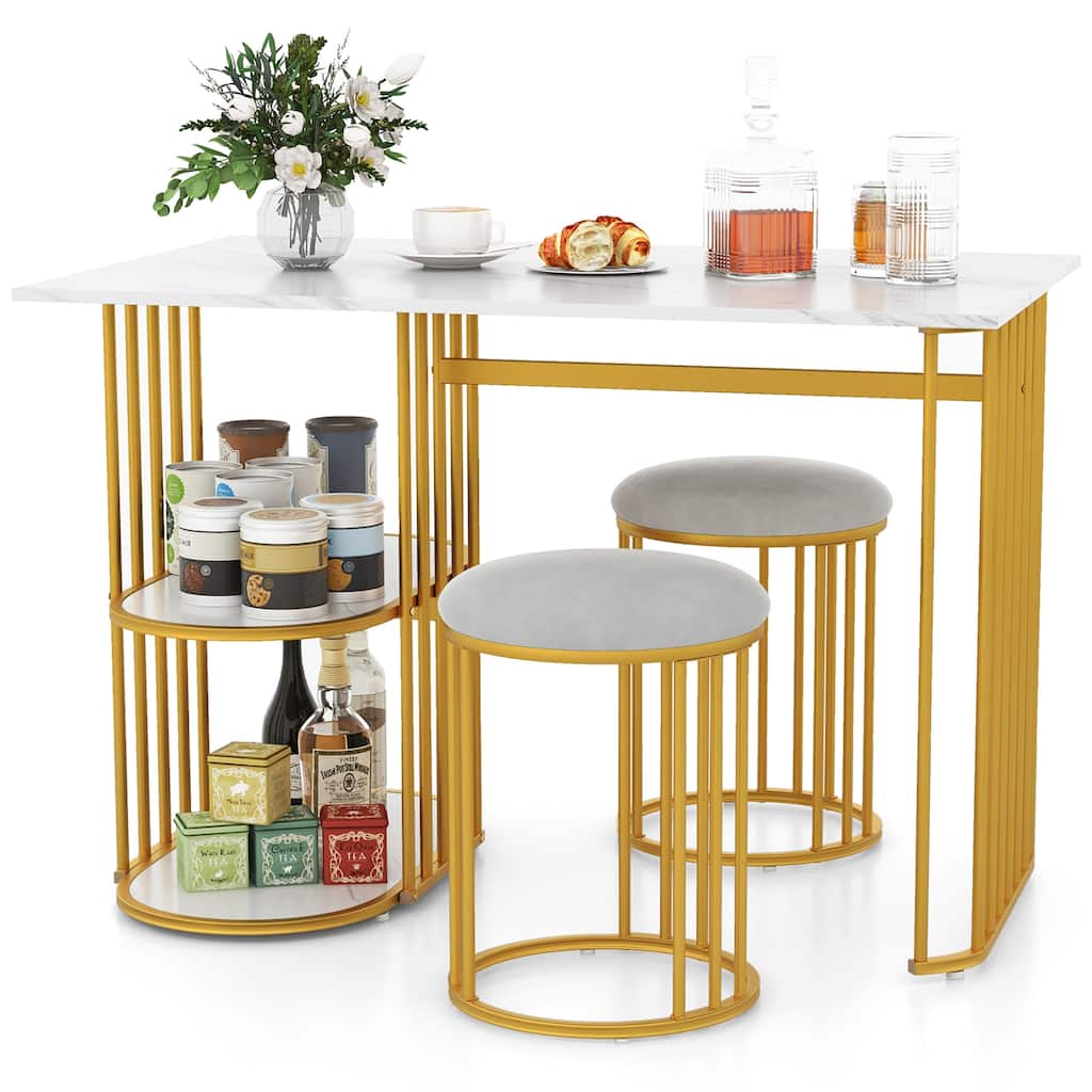 Gymax 3 Piece Dining Table Set w/ 2 Stools 2-tier Storage Shelf